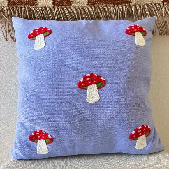Mushroom Embroidered Throw Accent Pillow Periwinkle 16”x16” - - Picture 2 of 4